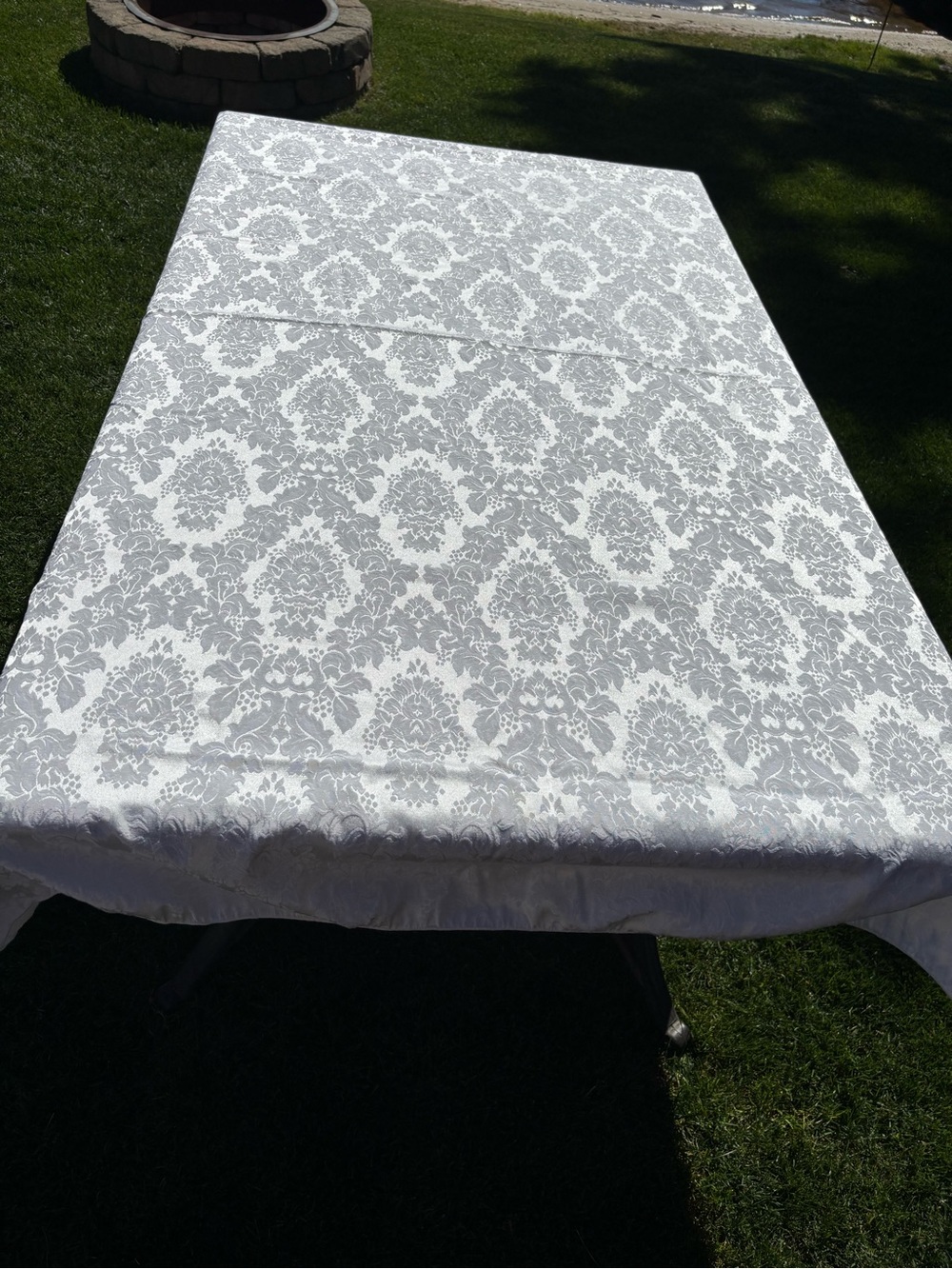 Vintage Avon silver white damask tablecloth EUC Stunning!